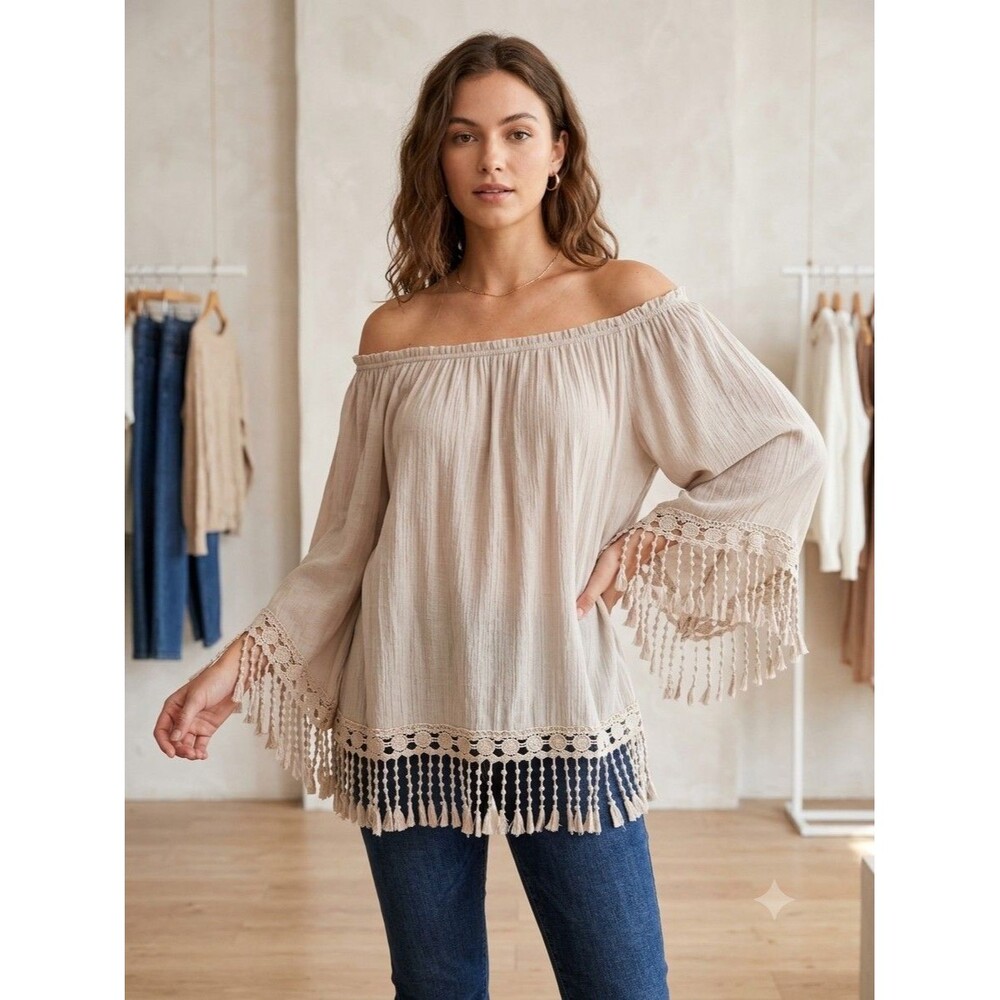 Women's Boho Peasant Off Shoulder Flowy Crochet Fringe Bell Sleeve Blouse L